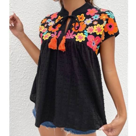 Tops - Boho Swiss dot tassel trim neck blouse